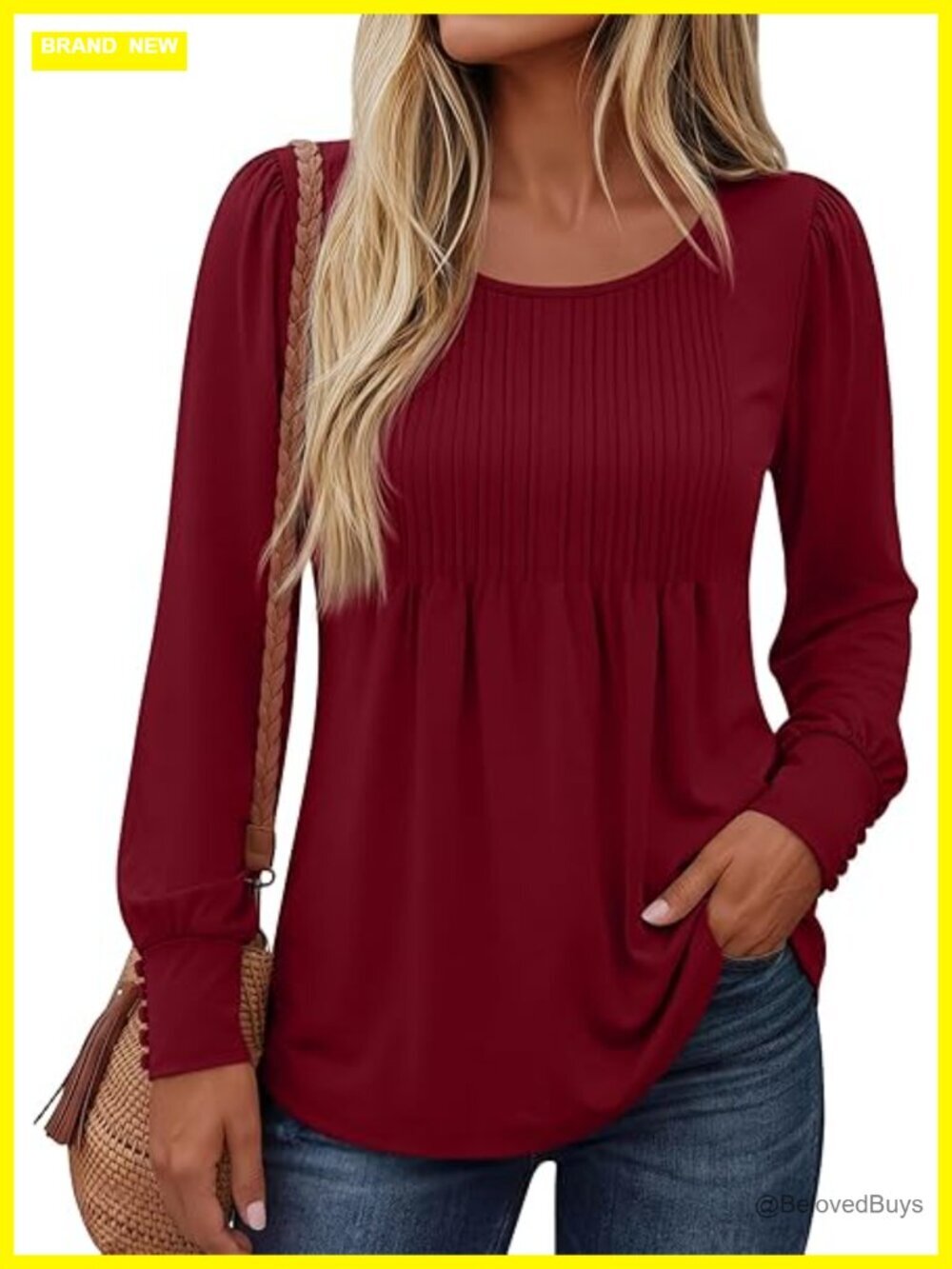 Long Puff Sleeve Tunic Top Dressy Casual Flowy Pleated Crew Neck Blouse